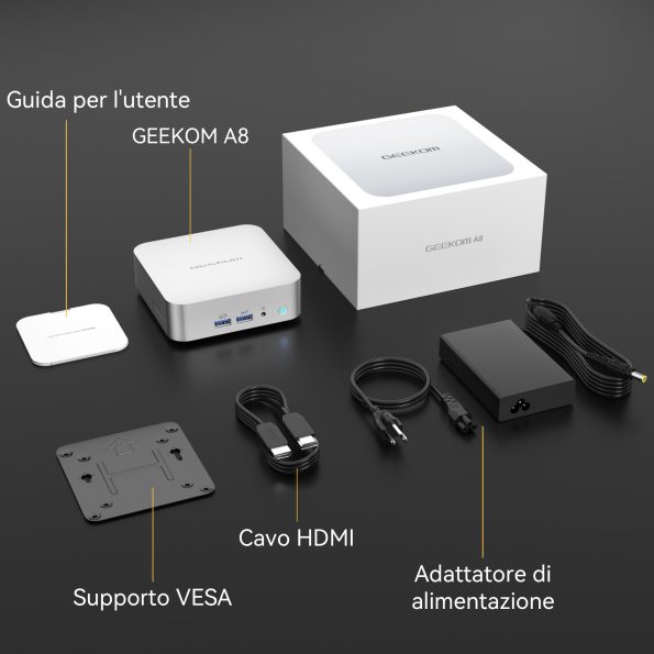 L'elenco delle confezioni del GEEKOM A8 Mini PC