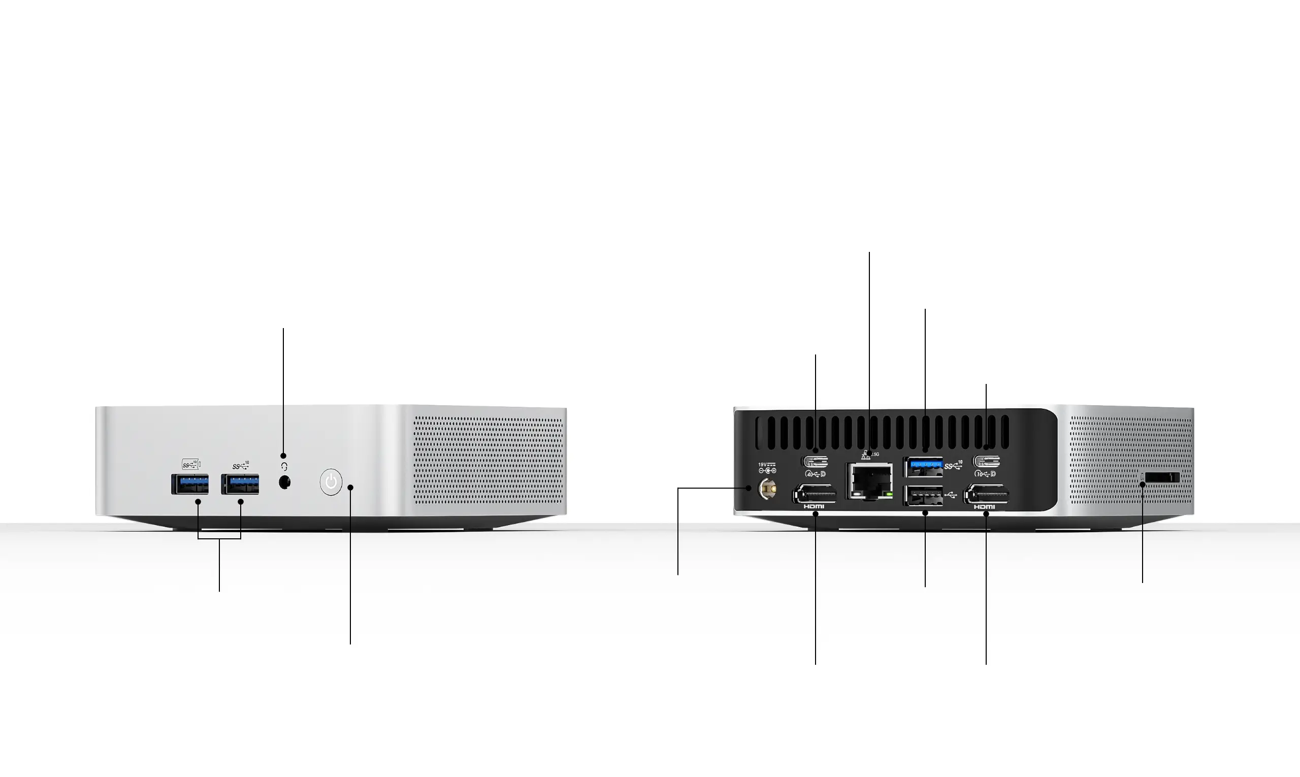 Porte frontali e posteriori del mini PC A5 Pro