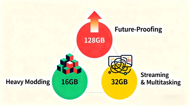 16GB modding, 32GB streaming e multitasking, 128GB future-proof